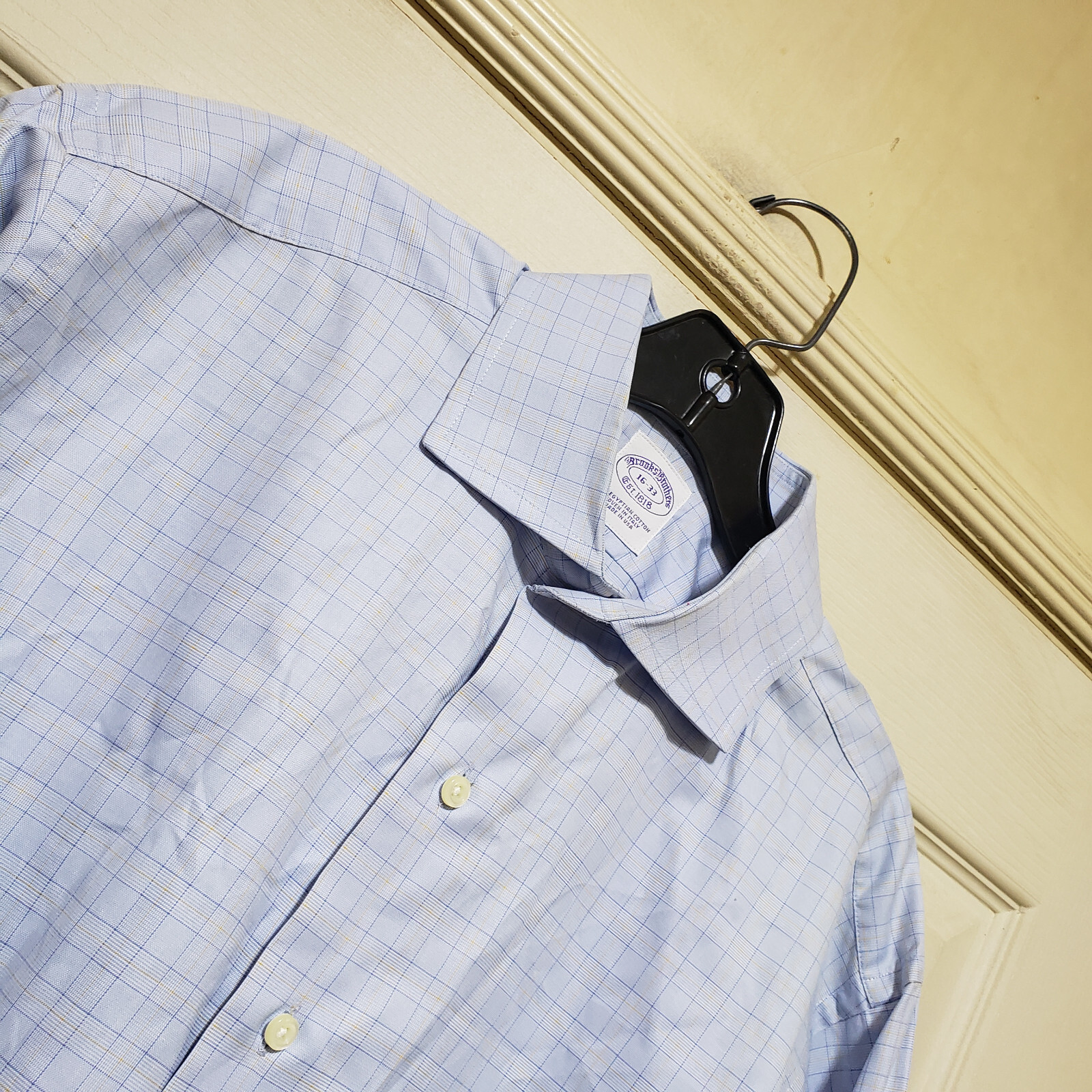 Brooks Bros Shirt Mens 16 33 Blue Check Work Office Cutaway USA Egyption Vtg Dad