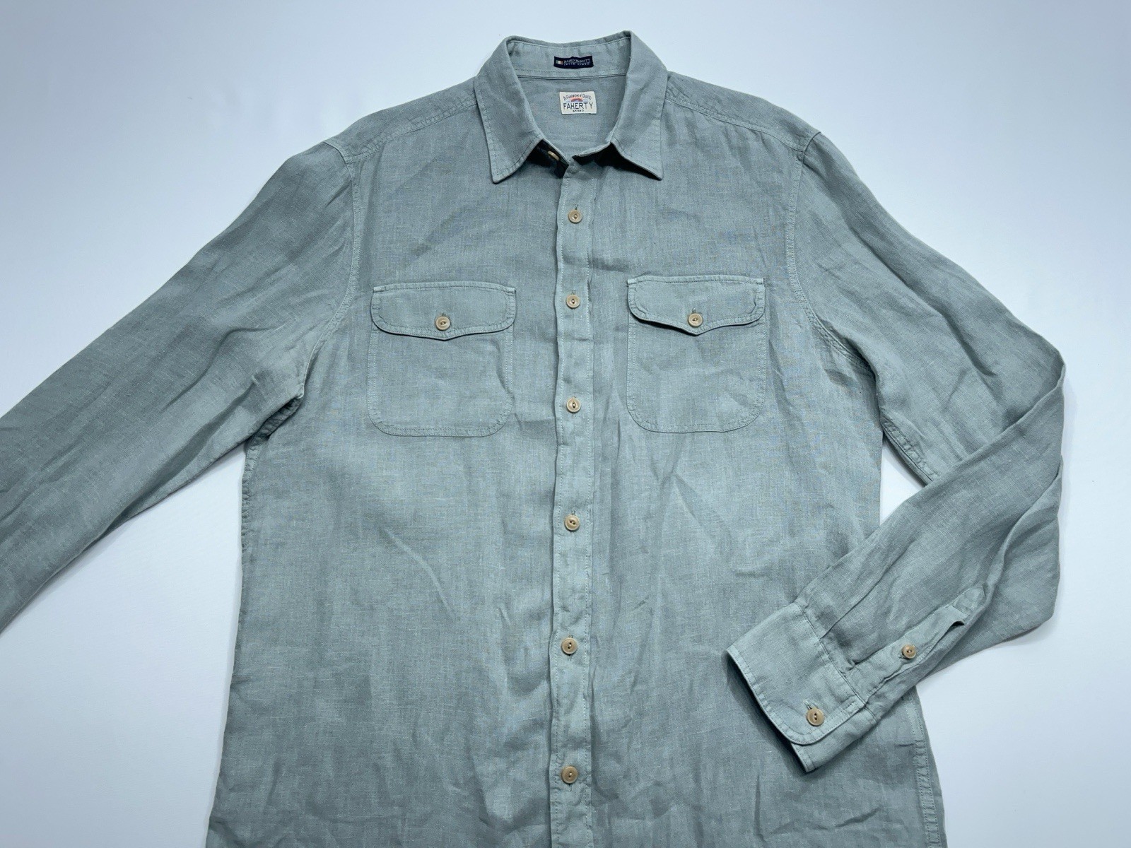 FAHERTY Baird McNutt Shirt Mens Medium Sage Green Linen Long Sleeve Button. READ