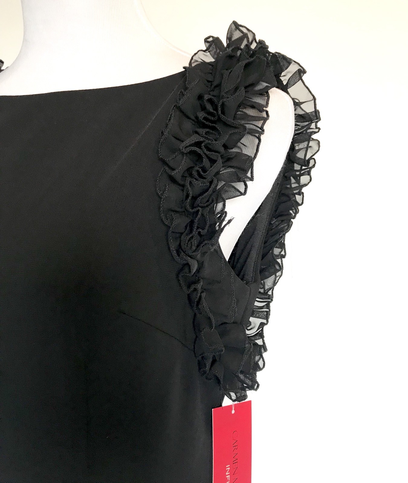 Carmen Marc Valvo Sz 8 Sheath Dress Black Ruffle Arms Retail $325 Price $148 NWT