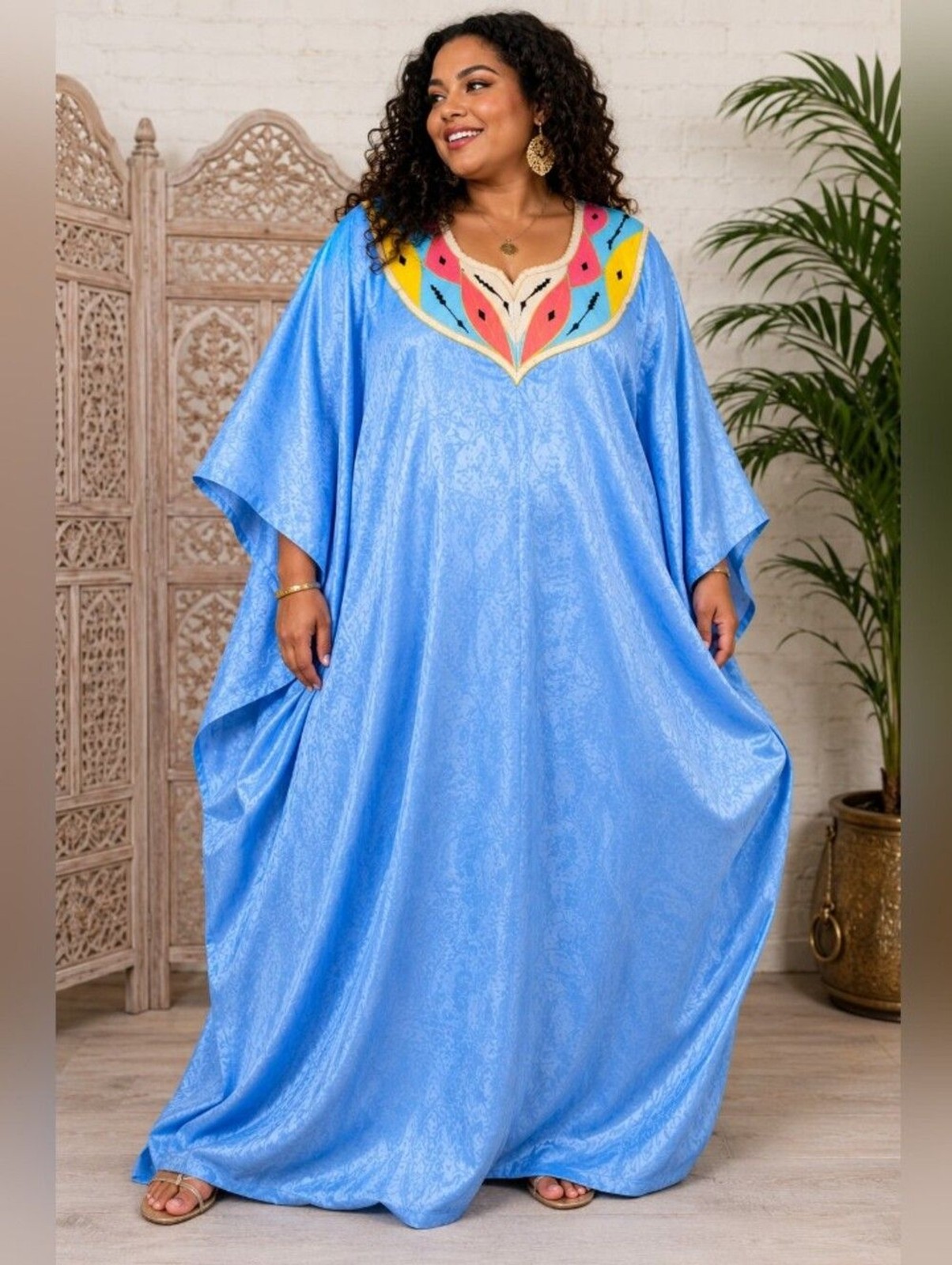 vintage handmade blue satin floral woven kaftan embroidered dress batwing 4+xl