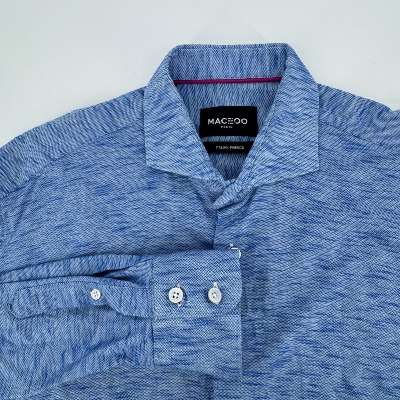 Maceoo Wall Street Blue Jersey Shirt Mens Medium Italian Fabric Long Sleeve A-01