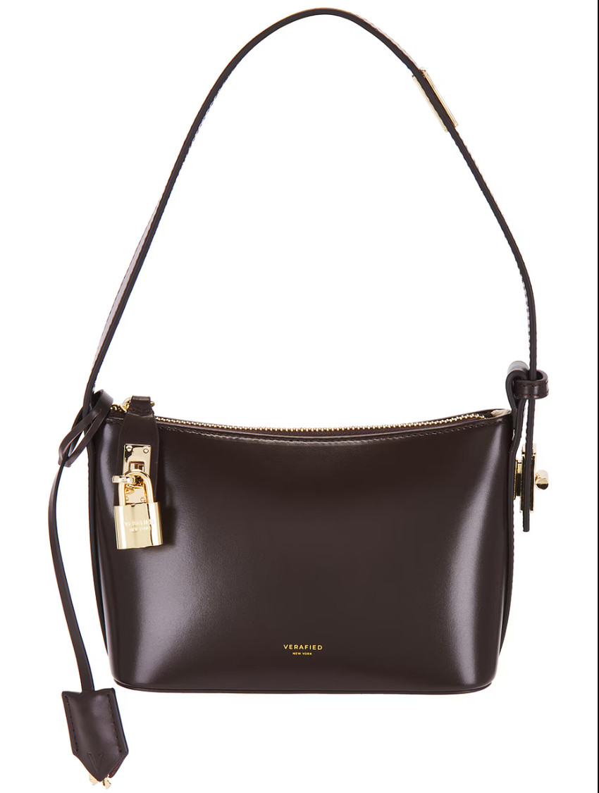 VERAFIED Mini Hobo Bag Leather Chocolate Gold Top Handle