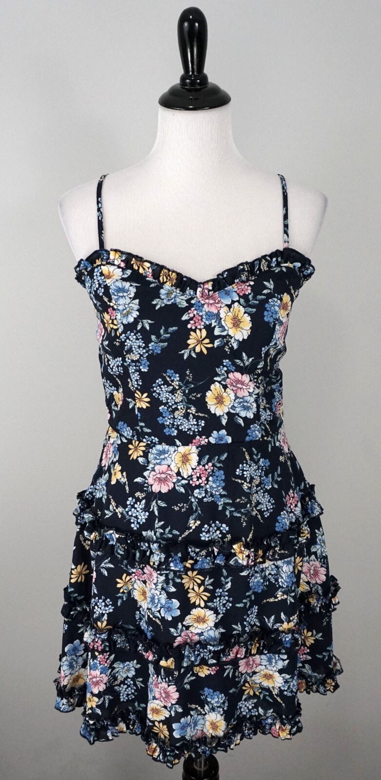 Francescas Trixxi Navy Blue Floral Sweetheart A-Line Ruffle Spring Dress Medium