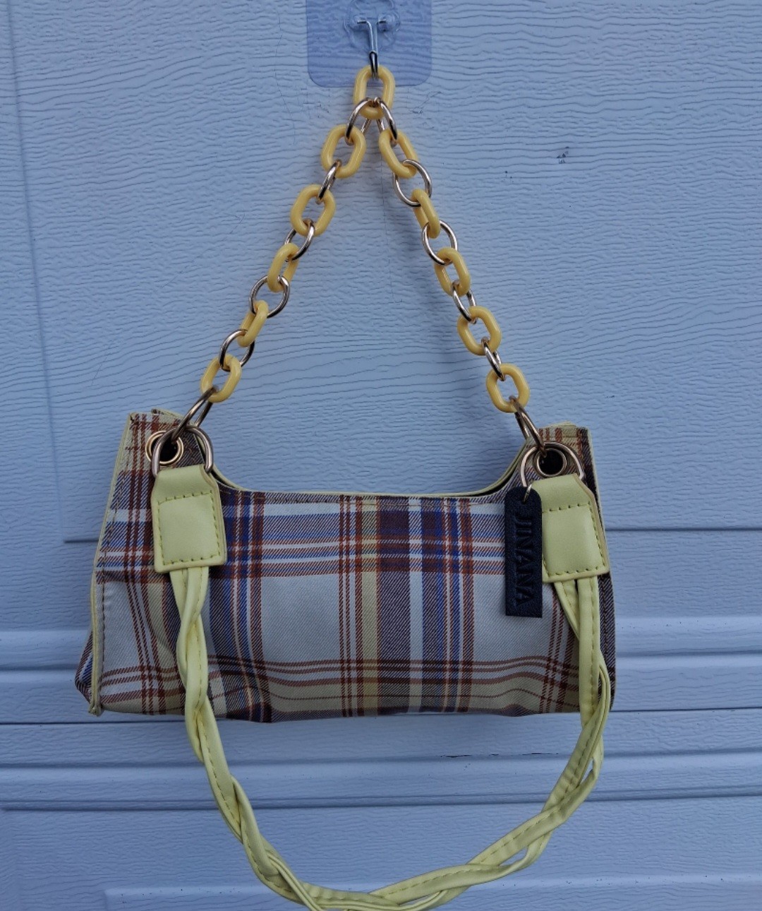 Jinana Plaid Small Shoulder Bag, Yellow Strap, Chain Strap, Snap, Bag Charm