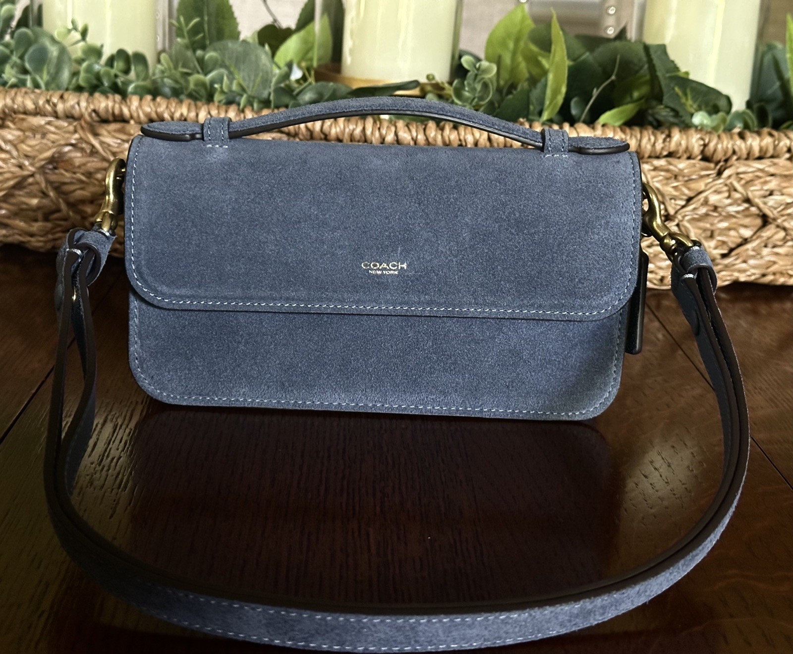 NIB Coach Elora Top Handle Crossbody Bag – Premium Suede Light Denim Color CDD59