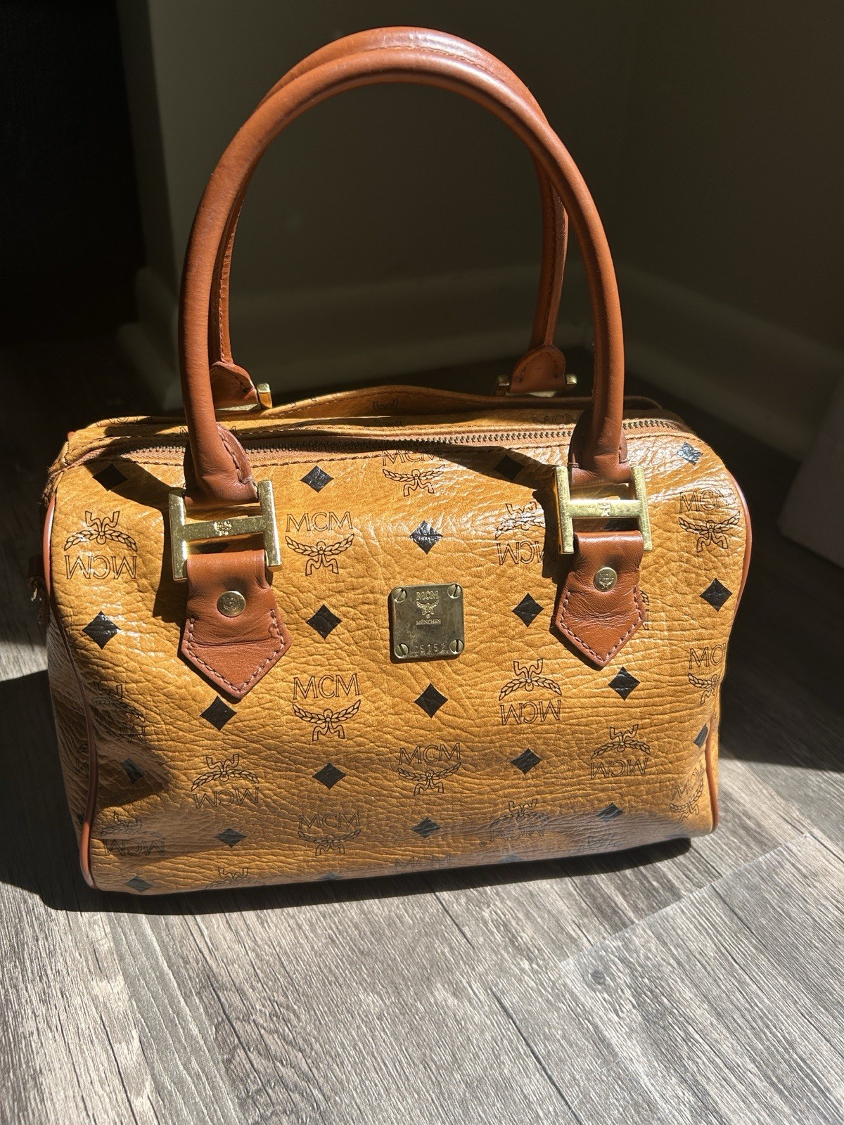 MCM Cognac Logo Satchel Top Handle Bag Gold Hardware Studded Bottom