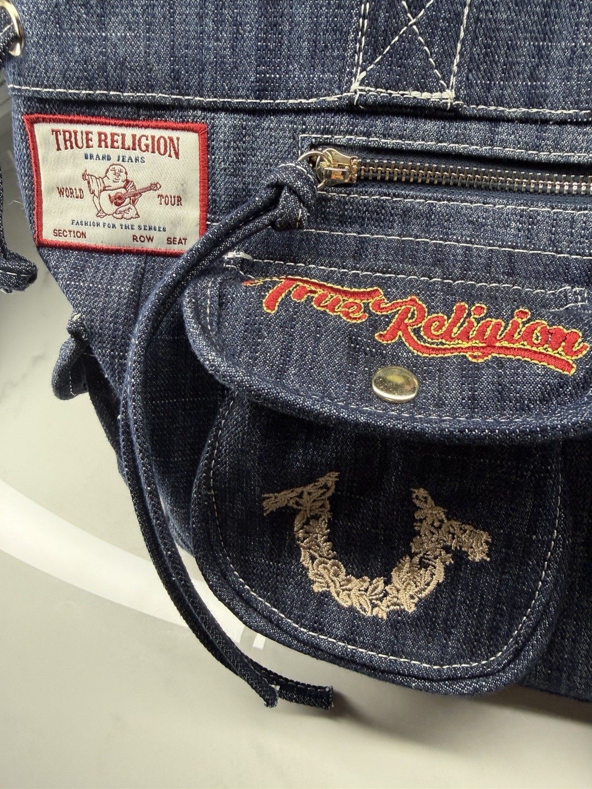True Religion Blue Logo Tote Bag Zip Closure Detachable Strap Gold Hardware
