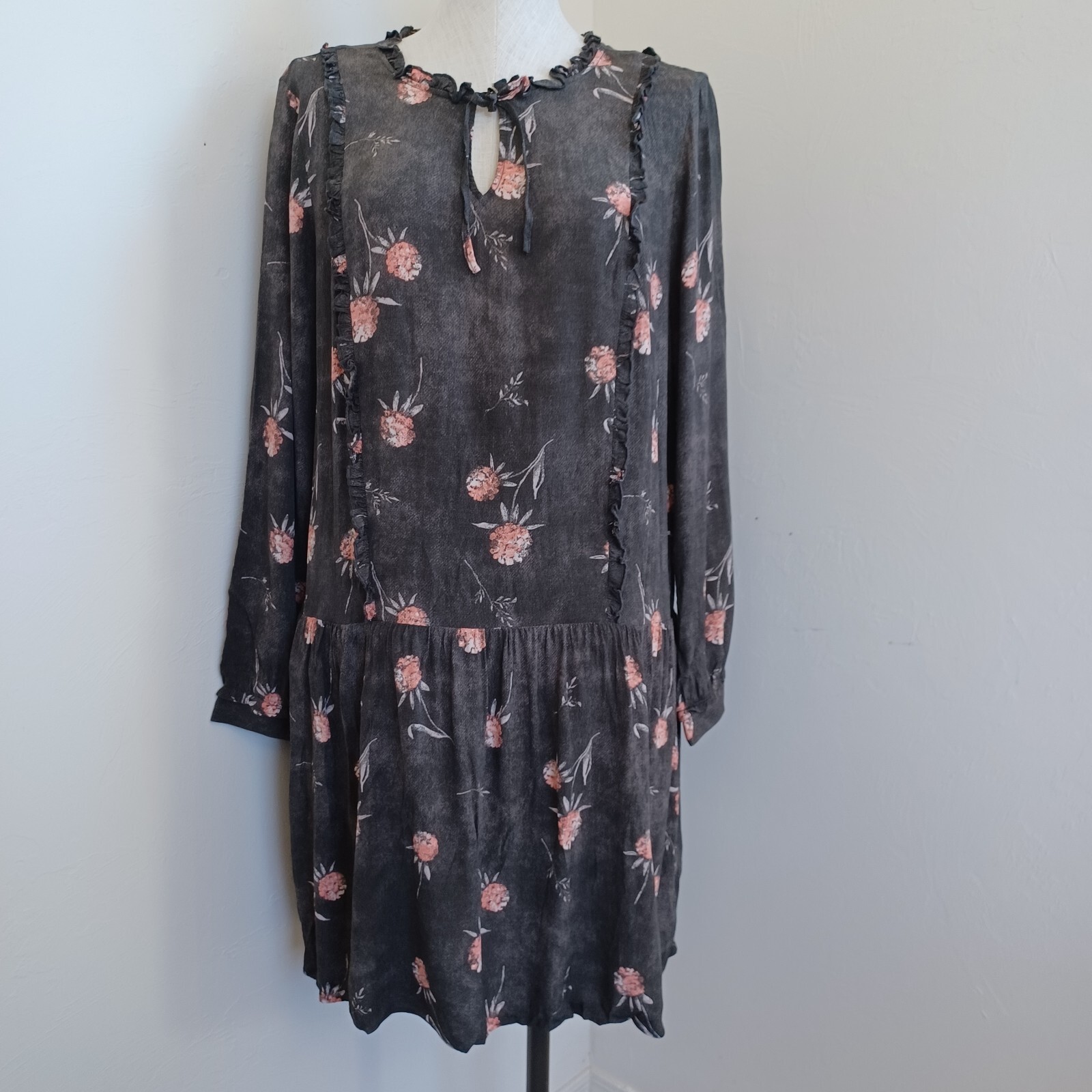 Caslon Dress Womens Med Brown Pink Floral Long Sleeve Drop Waist Tie Neckline