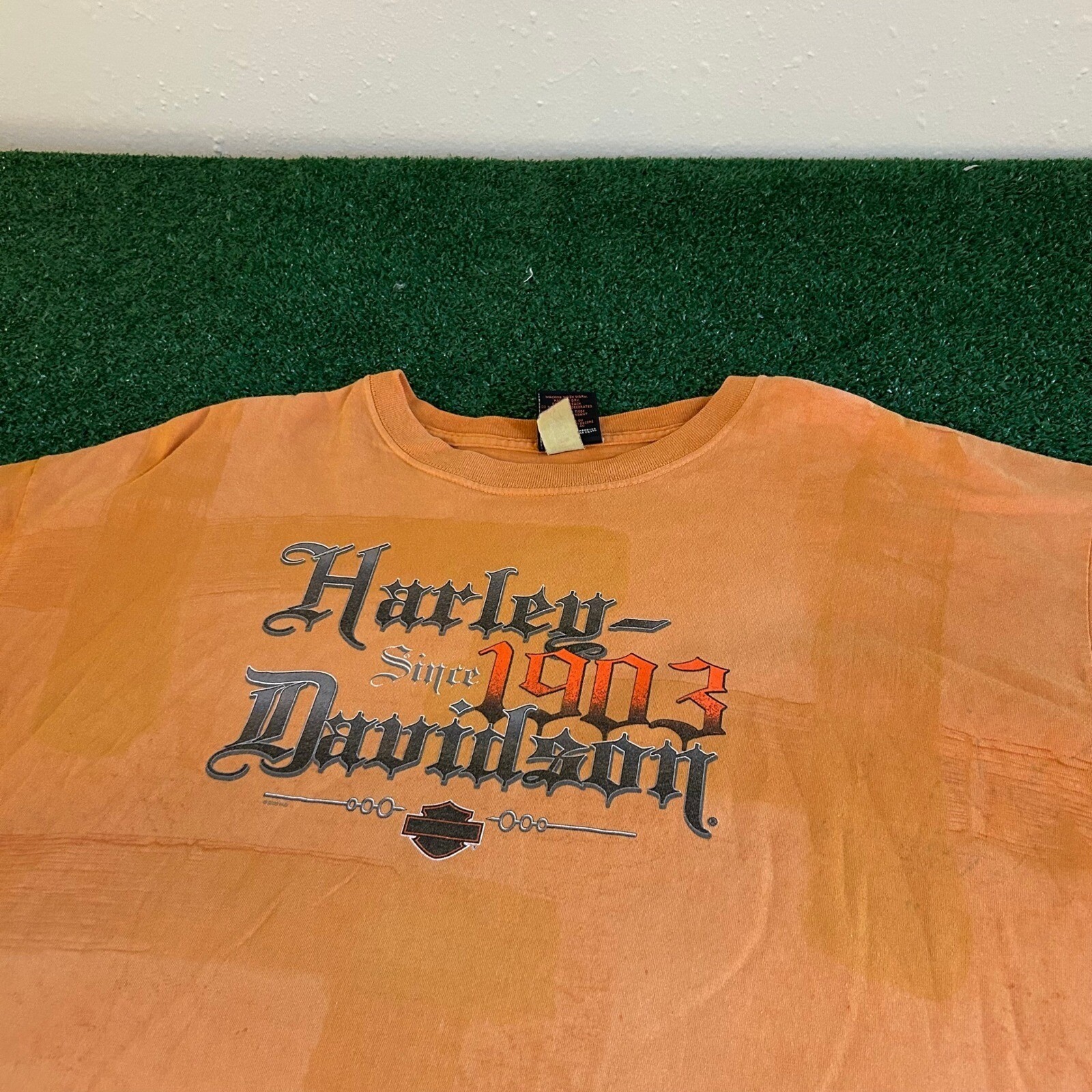 Harley Davidson Davies Graphic T Shirt Mens XXL 2XL Orange All Over Print 2003
