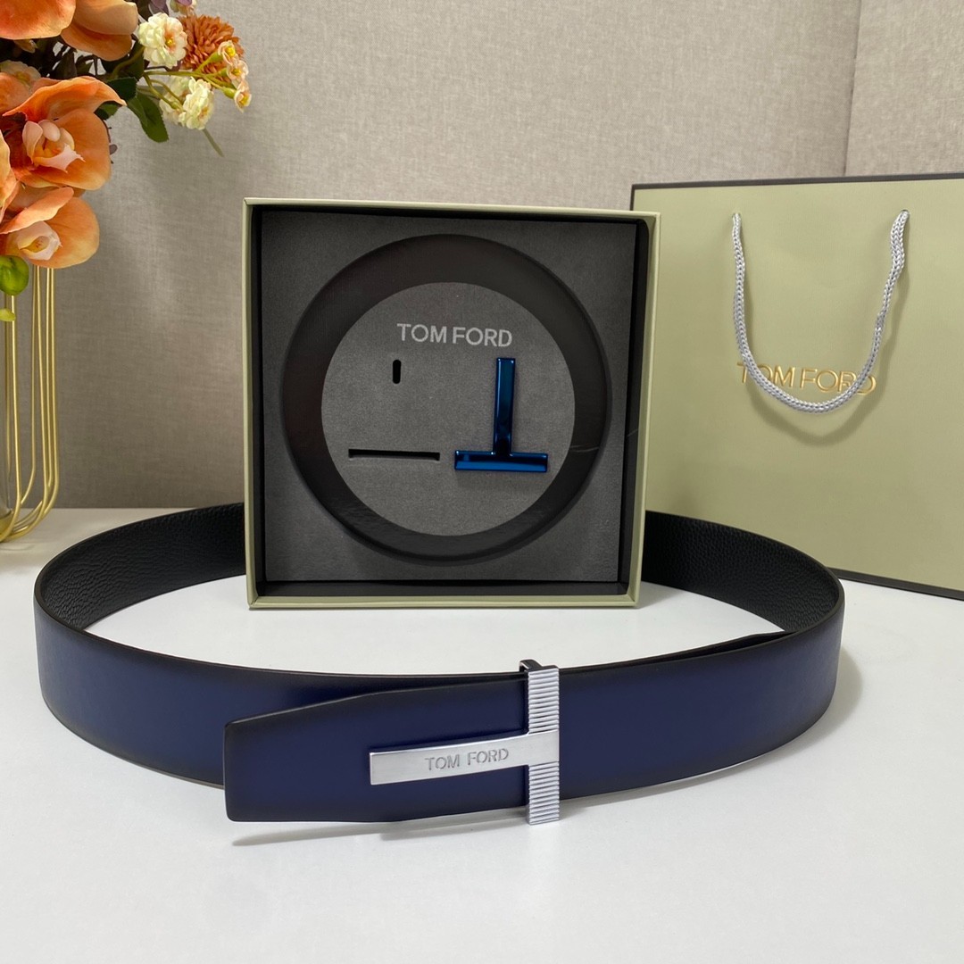 Tom Ford Mens T Logo Blue/Black Leather Dress Belt S.S. Buckle