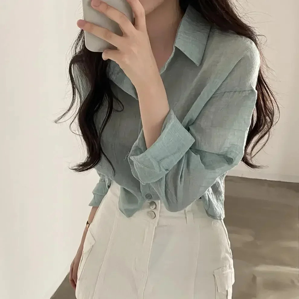 Trendy Shirt Blouse Simple Thin Pure Color Anti-UV Shirt Anti-fade Shirt Top