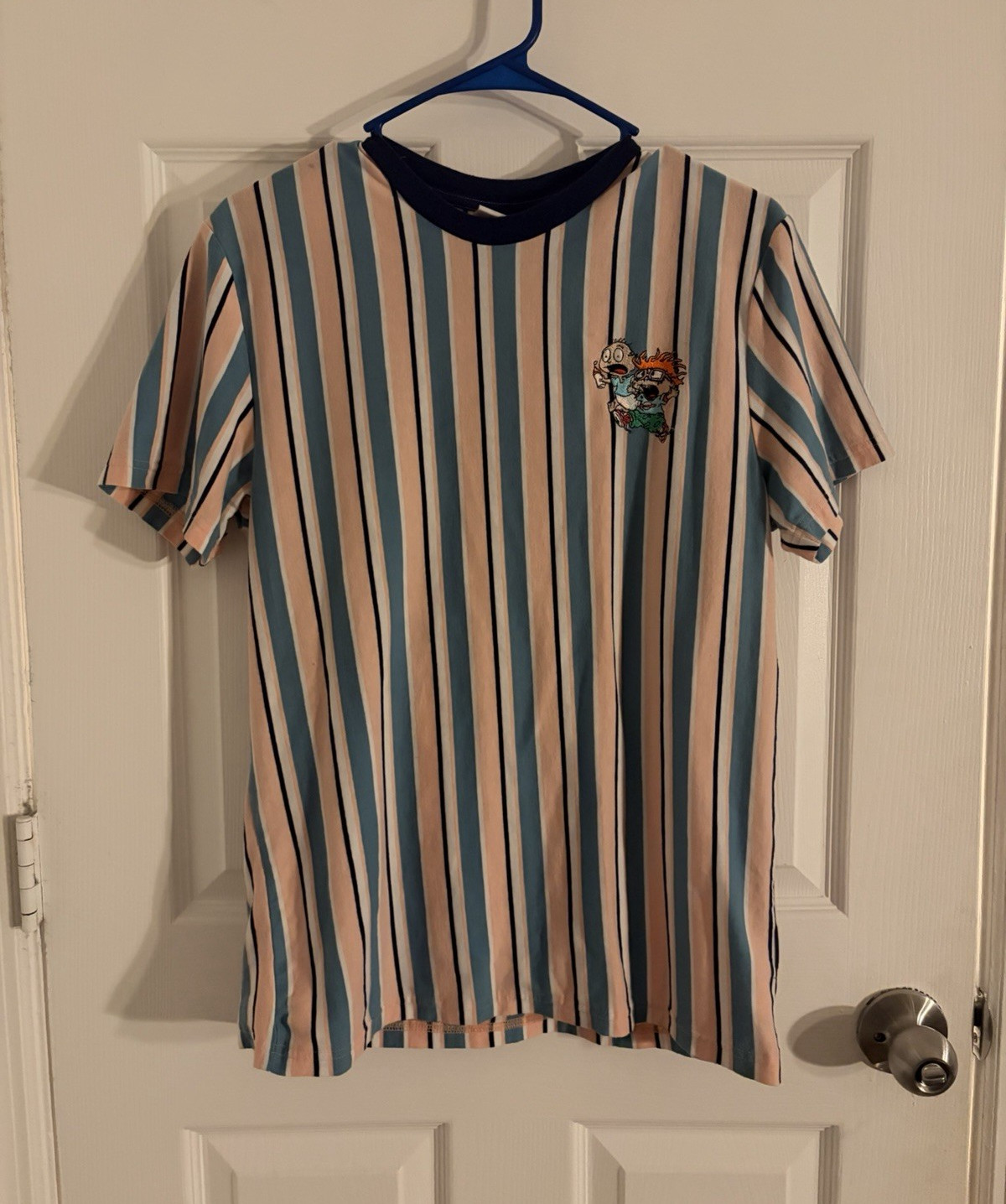 Men’s Striped Crew Neck Short Sleeve Knit T-Shirt Size S Blue Pink White