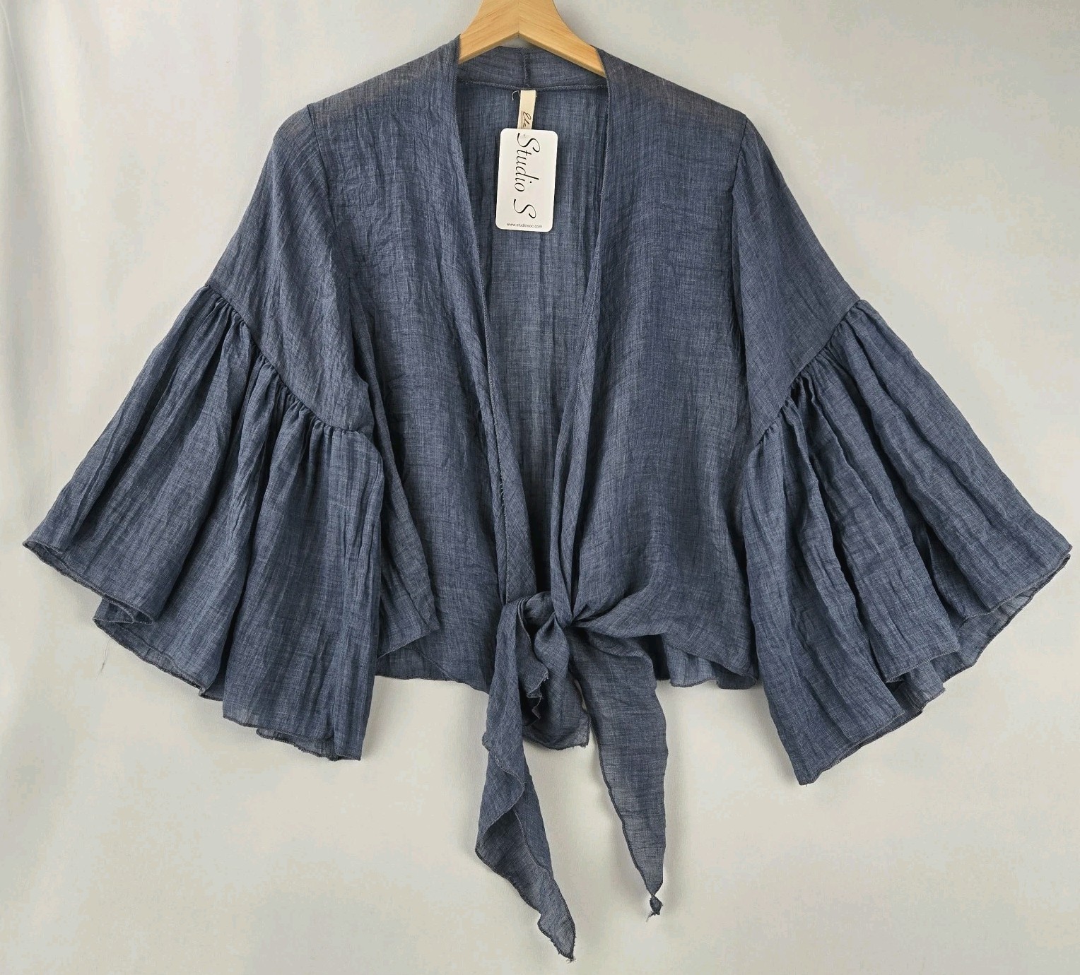 NWT Elan Blue (Denim Look) Blouse One Size With Bell Sleeves Hand Wash, Studio S