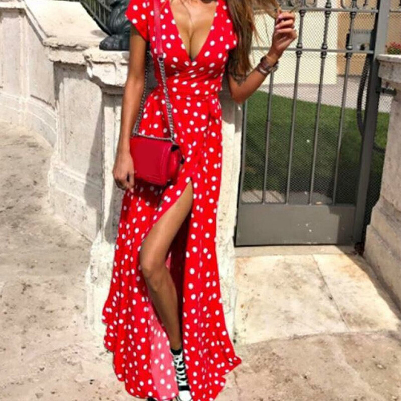 Women Maxi Sundress Loose Pullover Polka Dot Slit Paisley Ladies Long Dress Sexy