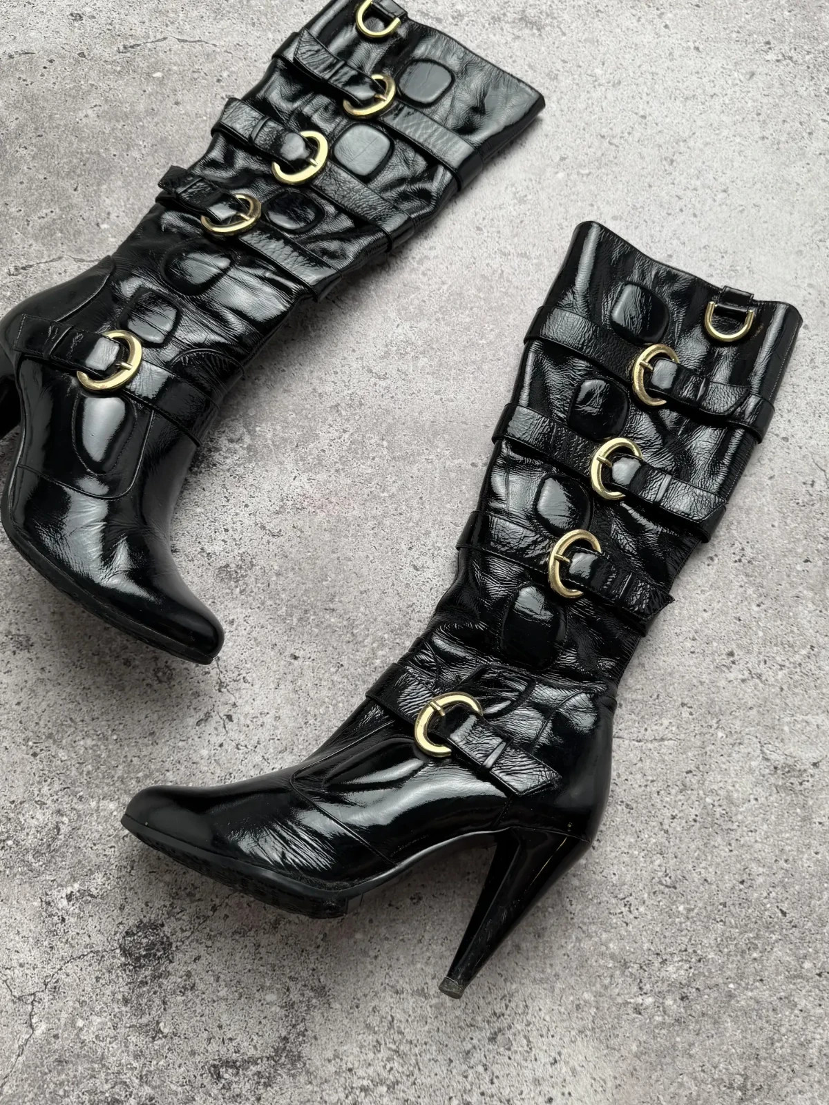 Vintage Black Patent Leather Knee High Boots Womens 36 Buckle High Heel Goth