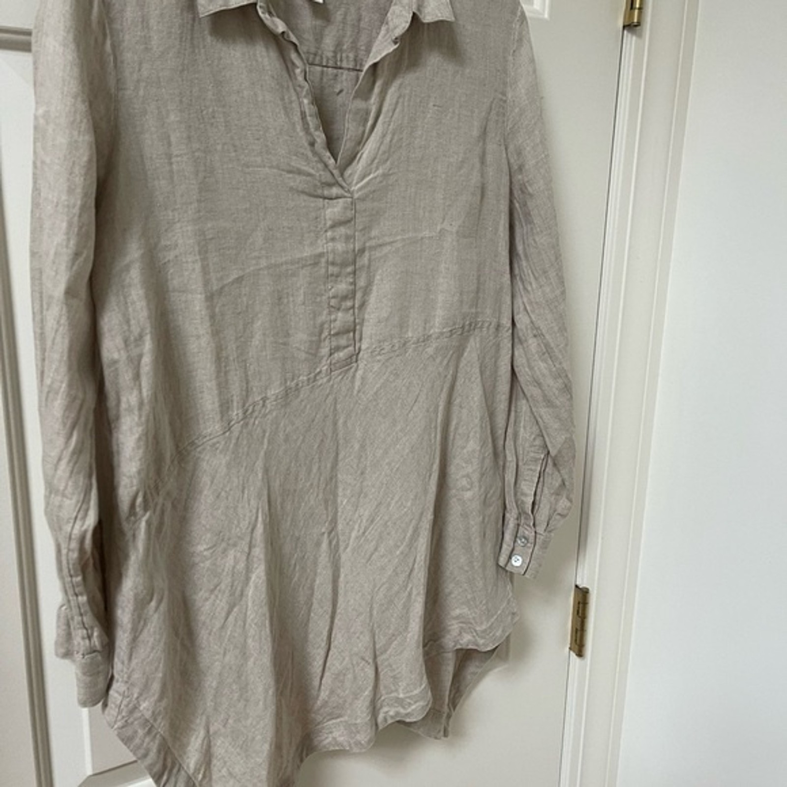 J. Jill Love Linen Neutral Asymmetrical Split Neck Tunic Blouse Top