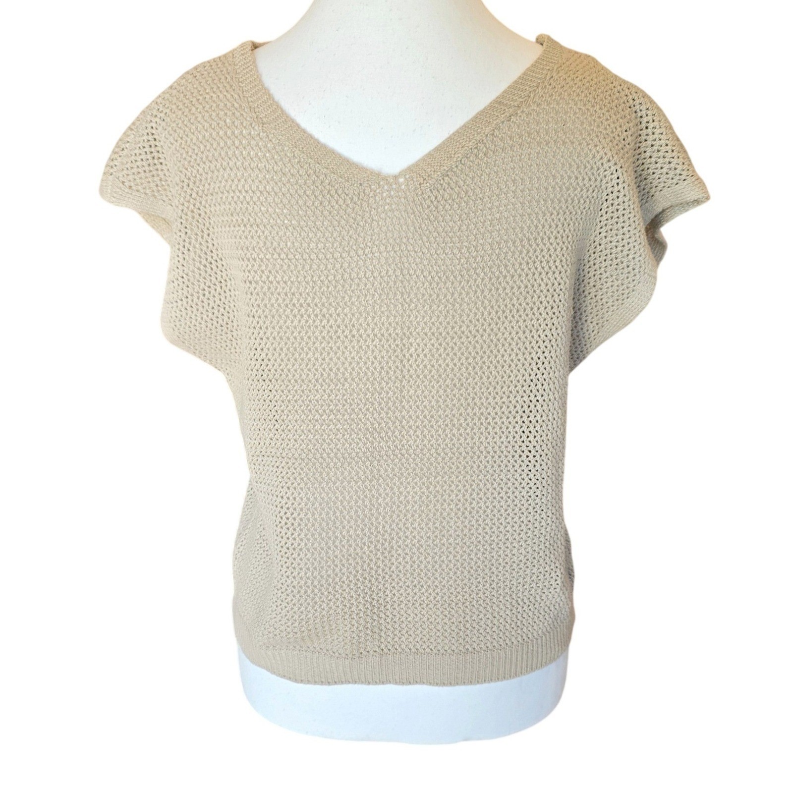Tan Paris Mesh Open Knit Cap Sleeve Pullover Sweater Top M Boho Coastal Boxy