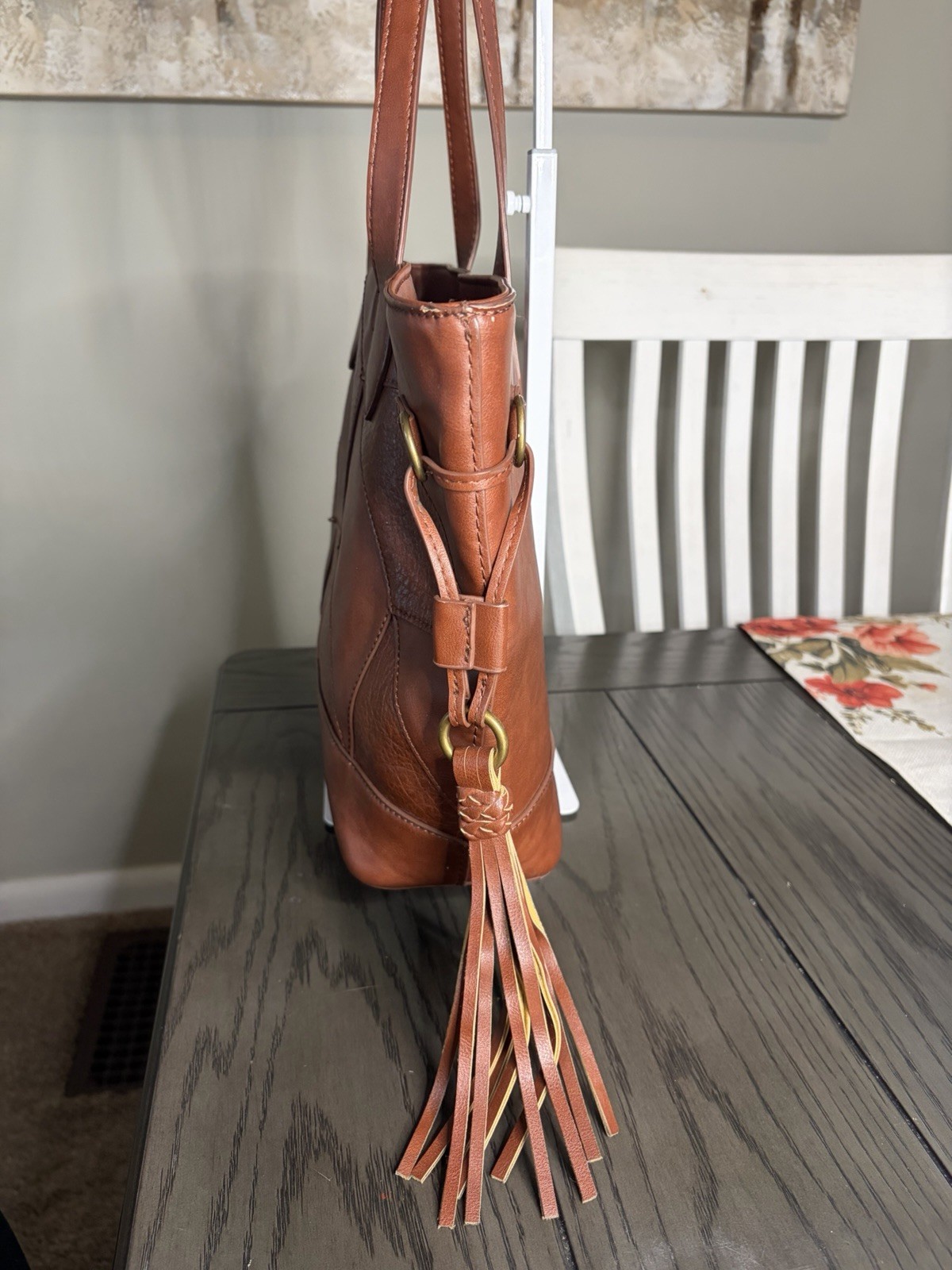 Frye Brown Large Tote Shoulder Bag Tassel Stitching Lined Pockets