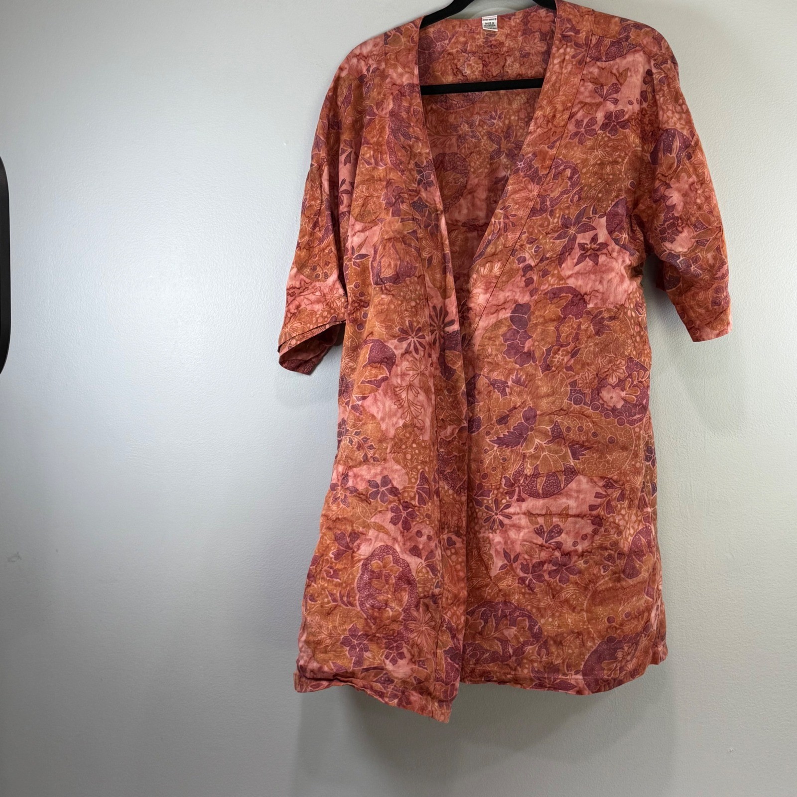 World Market Women Orange Floral Batik Cotton Kimono beach cover Robe One Size