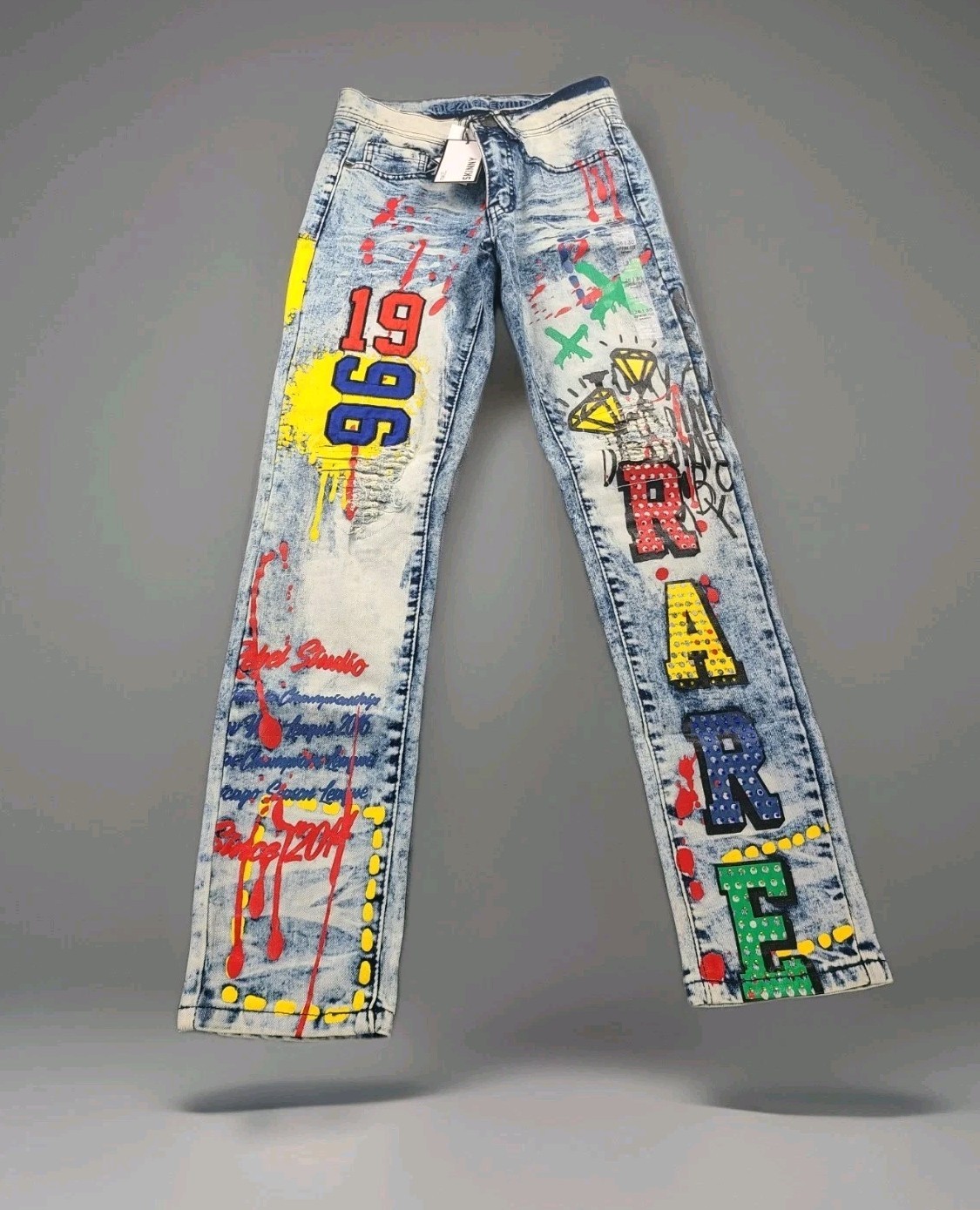 Rue 21 Premium Men’sBlue Design Patch Distressed Jeans Skinny Fit Jean 34×34 NWT