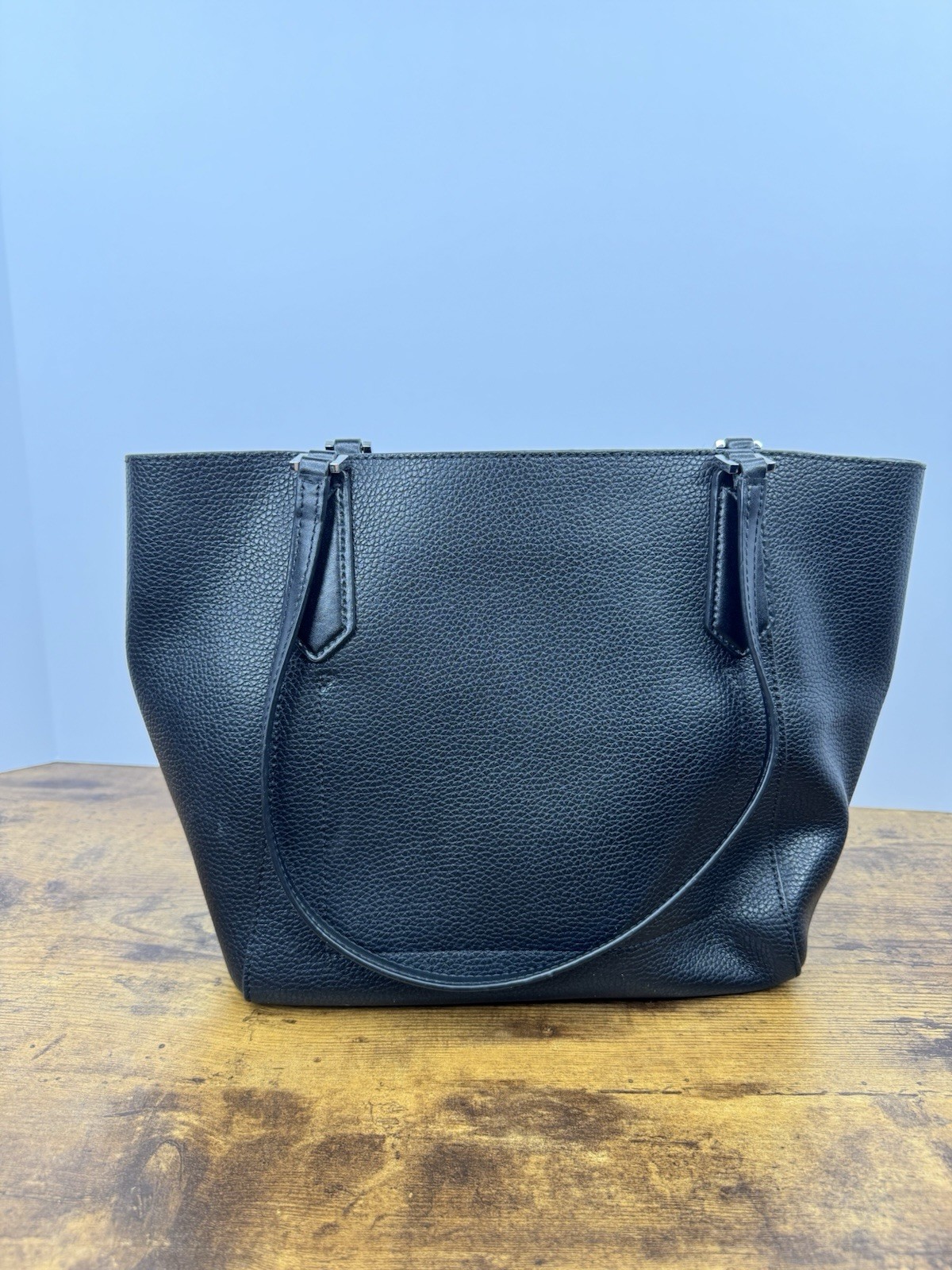 Michael Kors Kimberly Large Leather Top Zip Bonded Tote Solid Black Silver Charm
