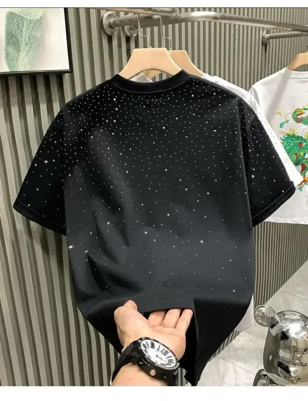 Summer Men Clothing Summer Rhinestone Rivet T-shirt Round Neck Casual T-shirt
