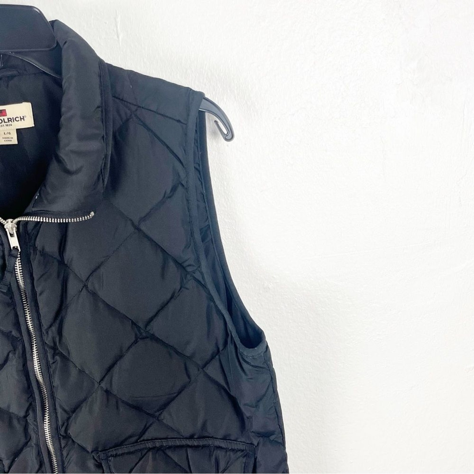 WOOLRICH Black Down Filled Full Zipper Button Closure Pockets Vest, Size Large