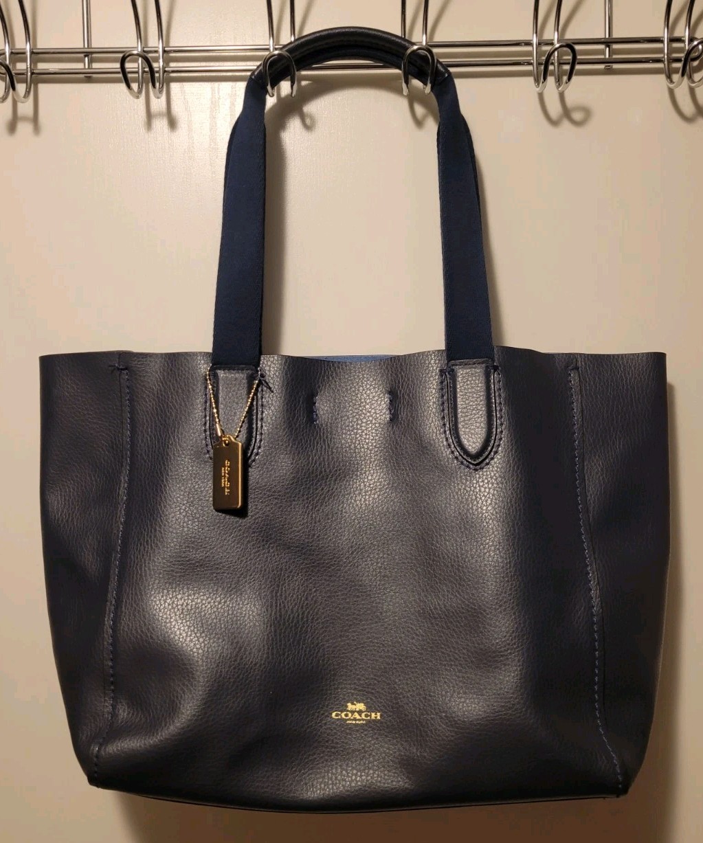 Coach Derby Tote Pebble Leather Shoulder Bag Navy Blue W/ Gold Coach Tag F58660