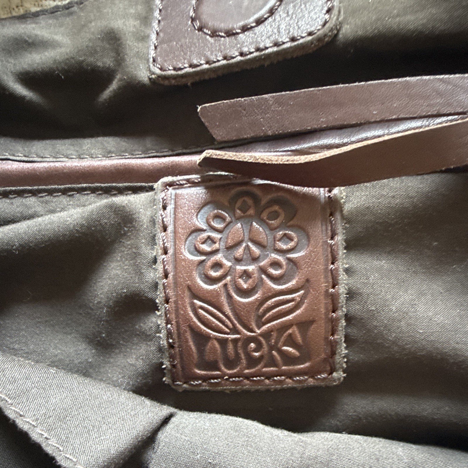 Lucky Brand Brown Floral Studded Whipstitch Shoulder Bag, Zip, Brass HW