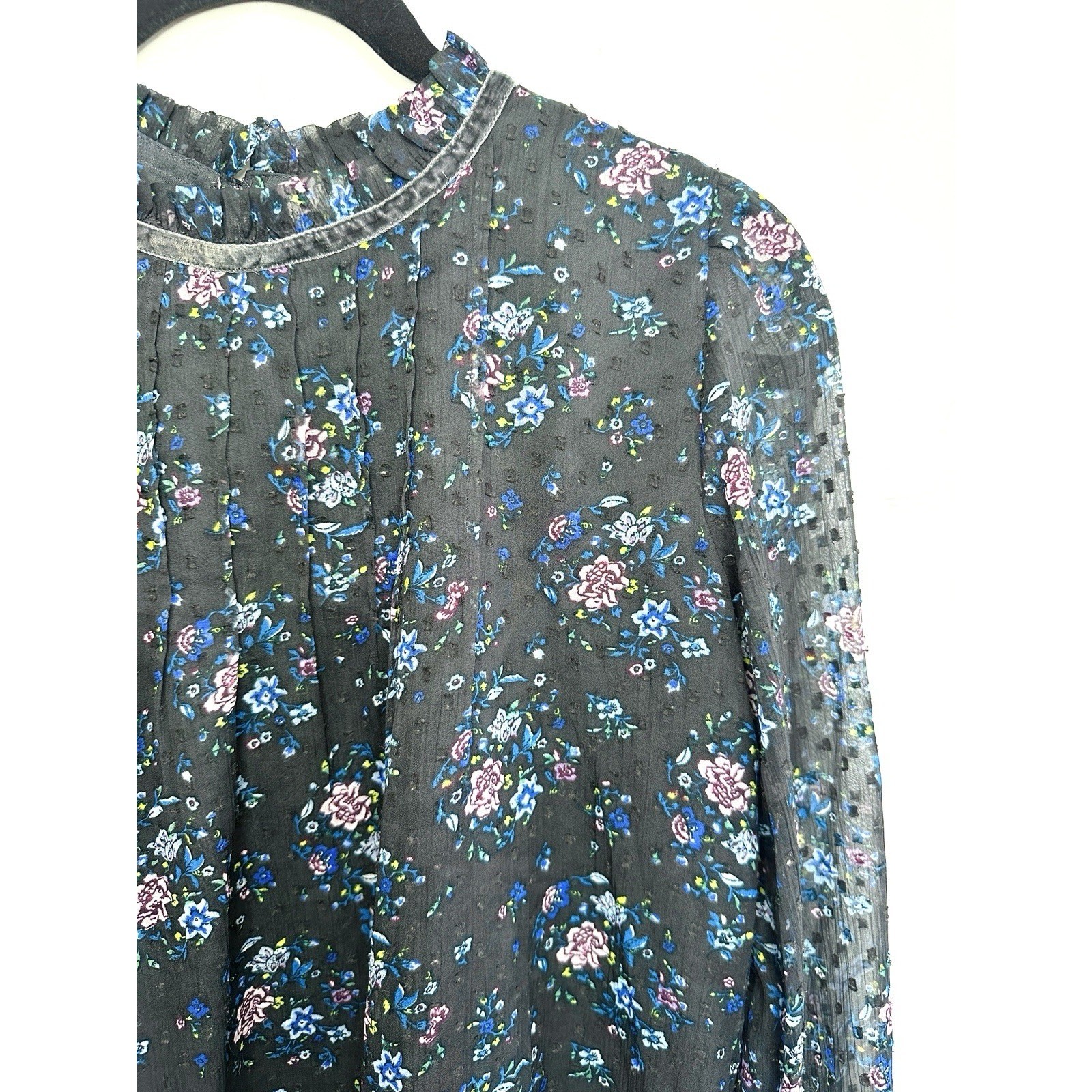 LOFT Floral Clip Dot Blouse Small Black Ruffle Neck Long Sleeve Sheer Cottage