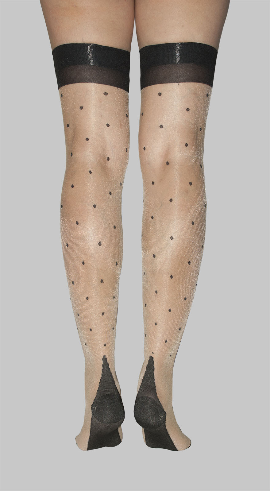SPANDEX POLKA DOTS SHEER NUDE BLACK CUBAN HEEL THIGH HI STOCKINGS BACK SEAM O/S