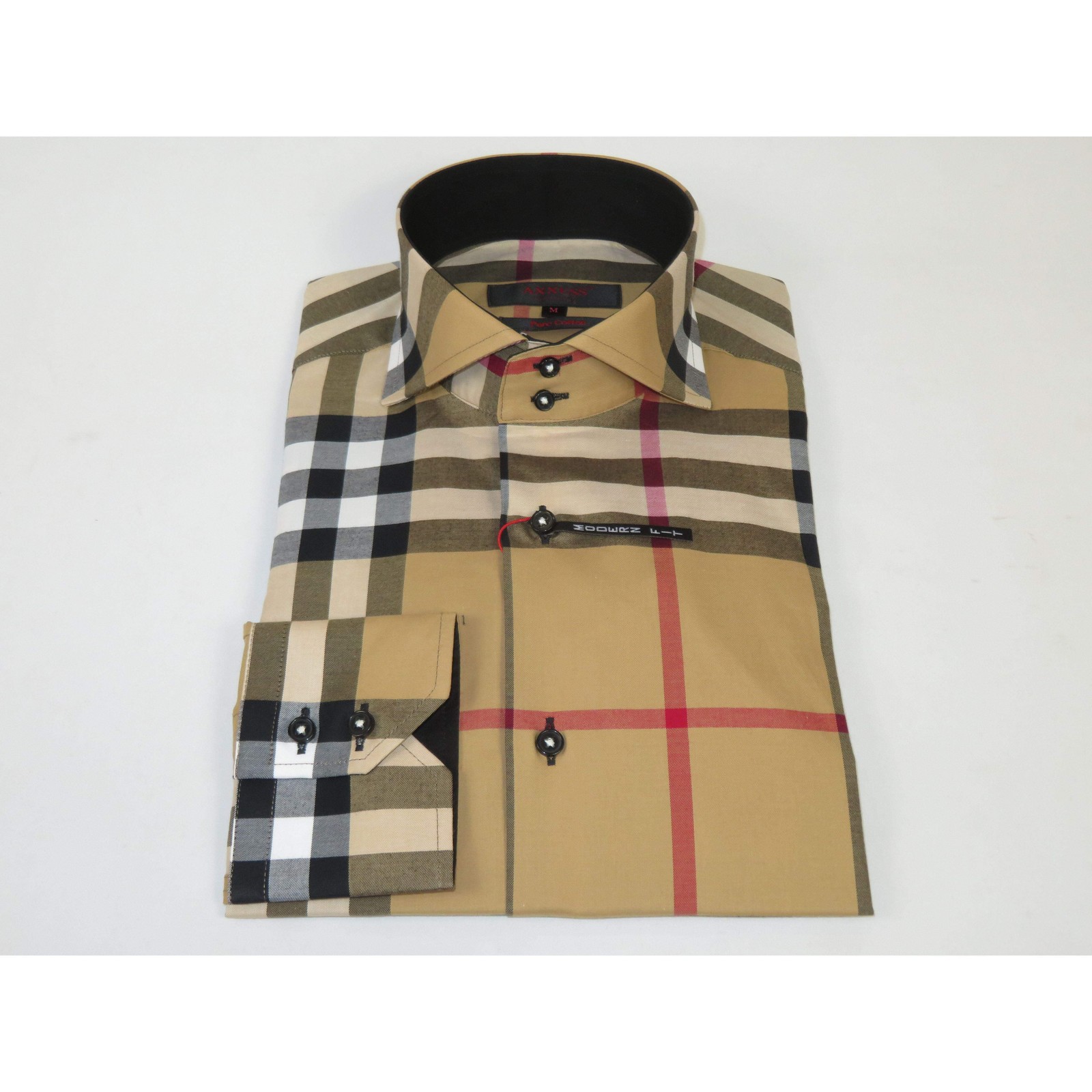 Men’s AXXESS Turkey English Plaid Shirt 100% Soft Cotton High Collar 120-09 Tan