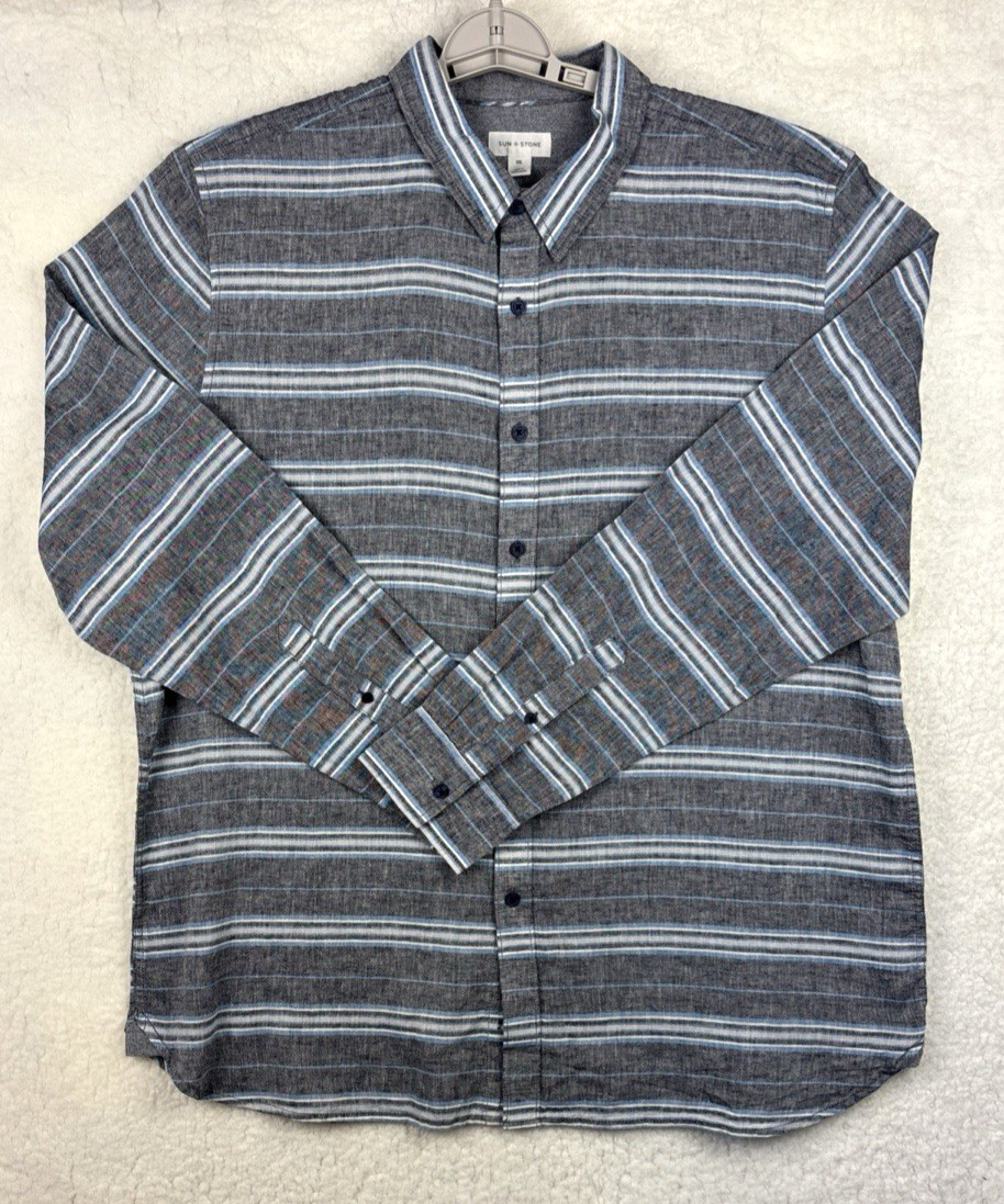 Sun + Stone Men’s 2XL Gray Blue Striped Long Sleeve Button Up Linen Shirt NEW