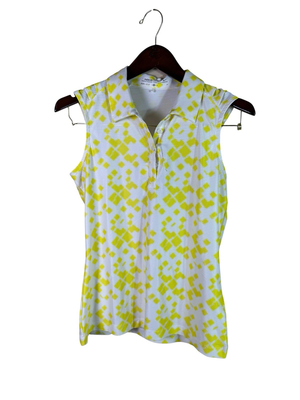 Nike Dri-FIT Mesh Sleeveless Golf Polo, White Yellow Geo Patter Small NWOT