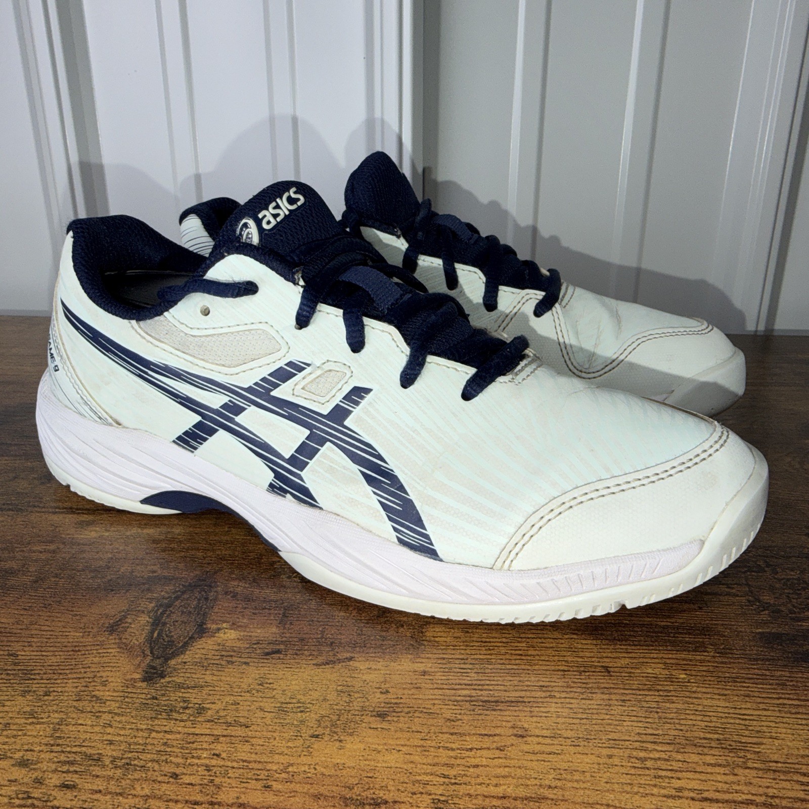ASICS Shoes Men’s Size 5 Gel Game 9 Pickleball Shoes White Navy Blue Read