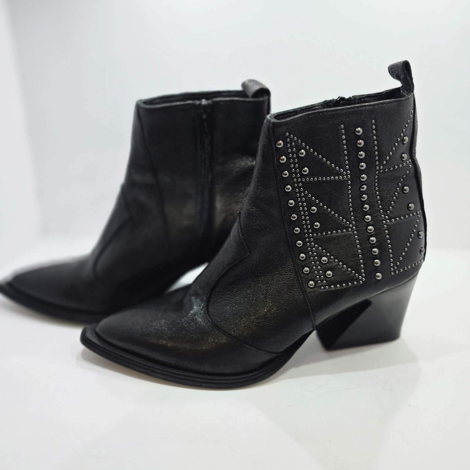 Emanuele Crasto Made in Italy Studded Western Ankle Boots Black Leather Point 38