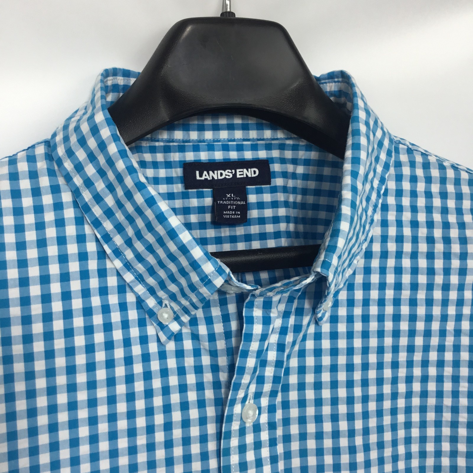 Lands End Mens Seersucker Shirt XL Blue White Gingham Short Sleeve Traditional
