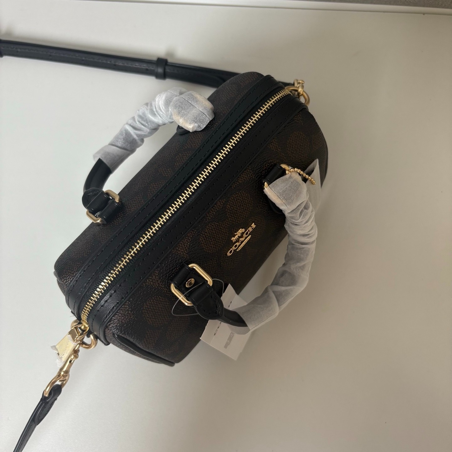 COACH Mini Rowan Crossbody CW329 Signature Canvas Walnut Black Bag Outlet New