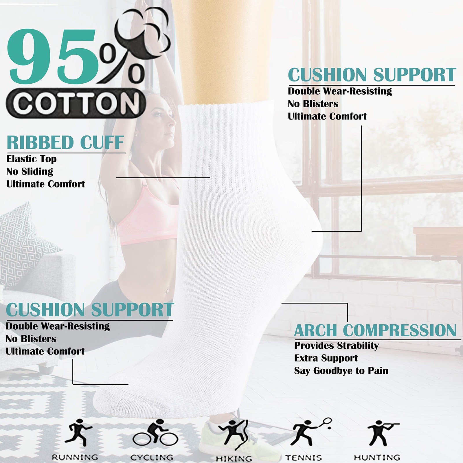 NevEND 6 Pairs Women’s Mini Crew/Ankle Cotton Athletic Socks Medium, White