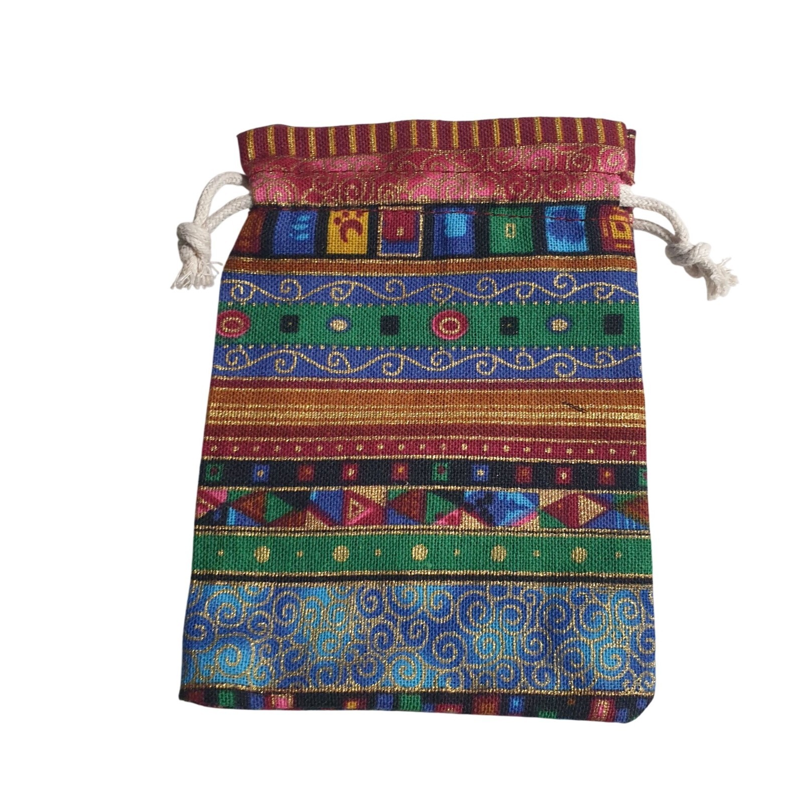Decorative Drawstring Pouch Set Multicolor Woven Fabric Boho Assorted Patterns