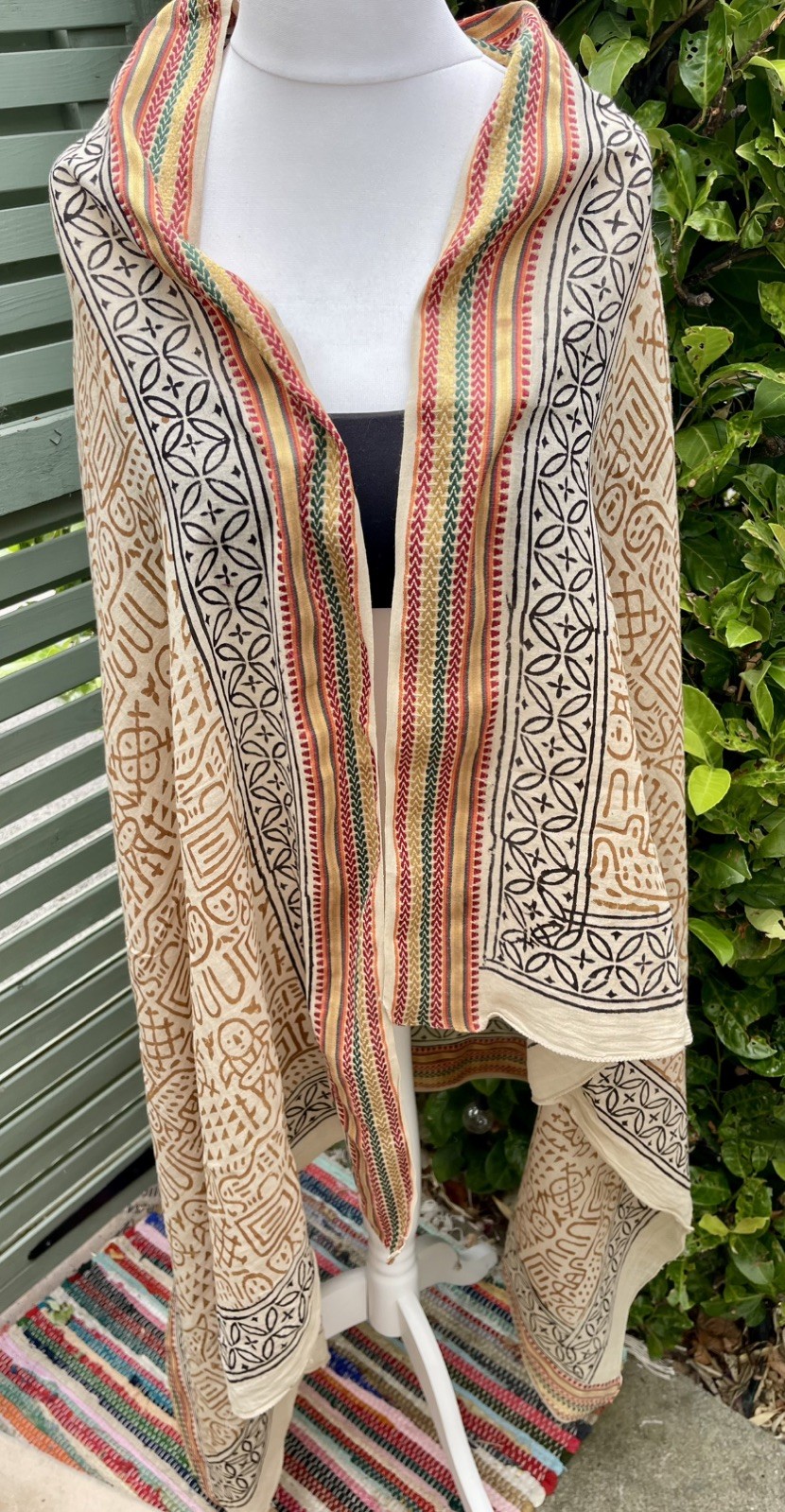 Gold silk edged 100% cotton hand block printed Zari sarong scarf shawl boho