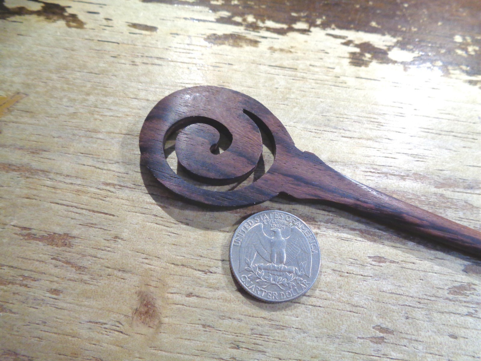 1 7/16″ X 1 13/16″ EXOTIC INDONESIAN ROSEWOOD MAORI KORU HAIR PICK STICK 7 1/4″
