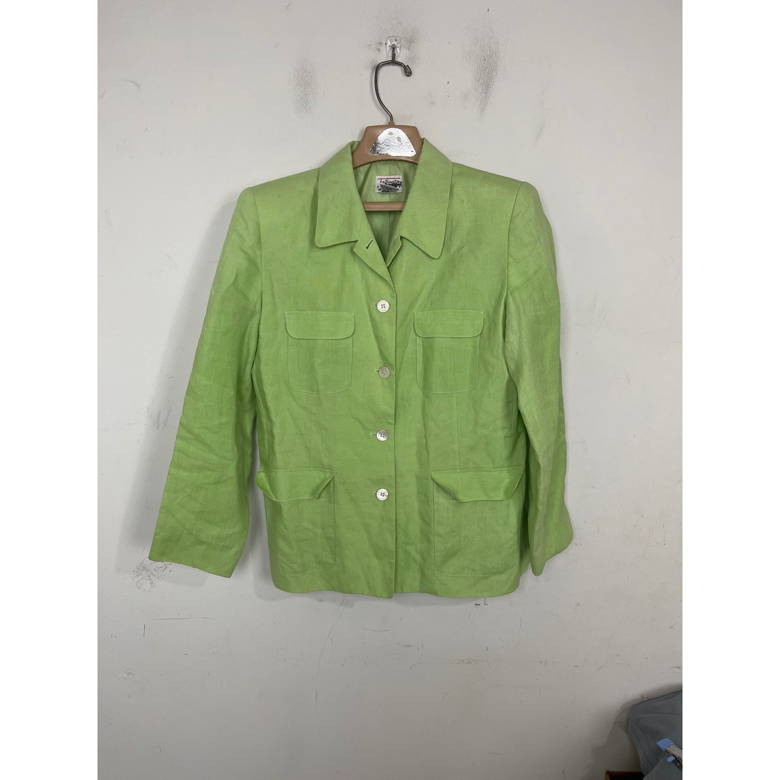 Talbots Petites Lime Green 100% Irish Linen Safari Blazer Jacket Womens Size 10P