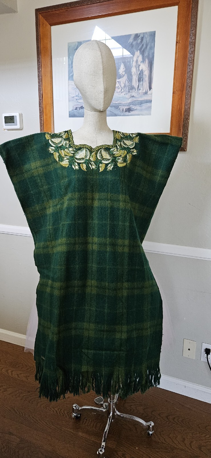 Vintage Green Plaid Embroidered Poncho As Pictured