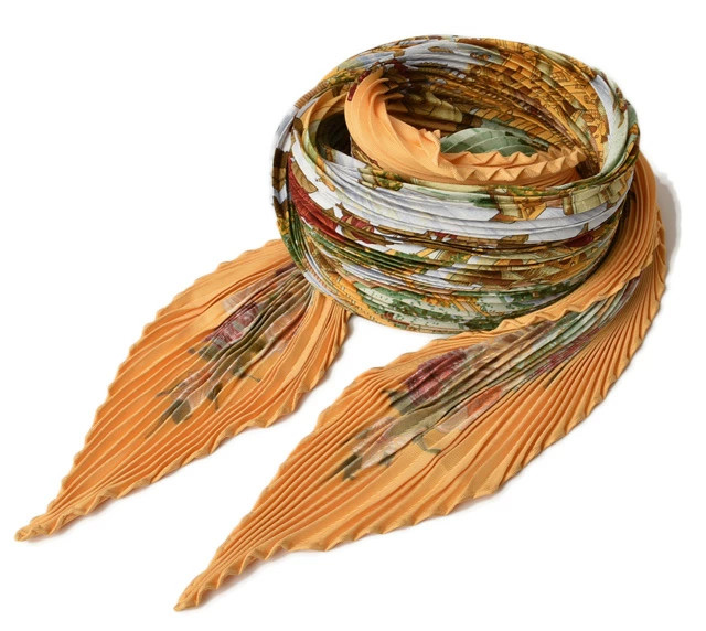 HERMES Pleated Silk Twill Shawl Scarf Orange Multicolor 19.7×51.2in Box Included
