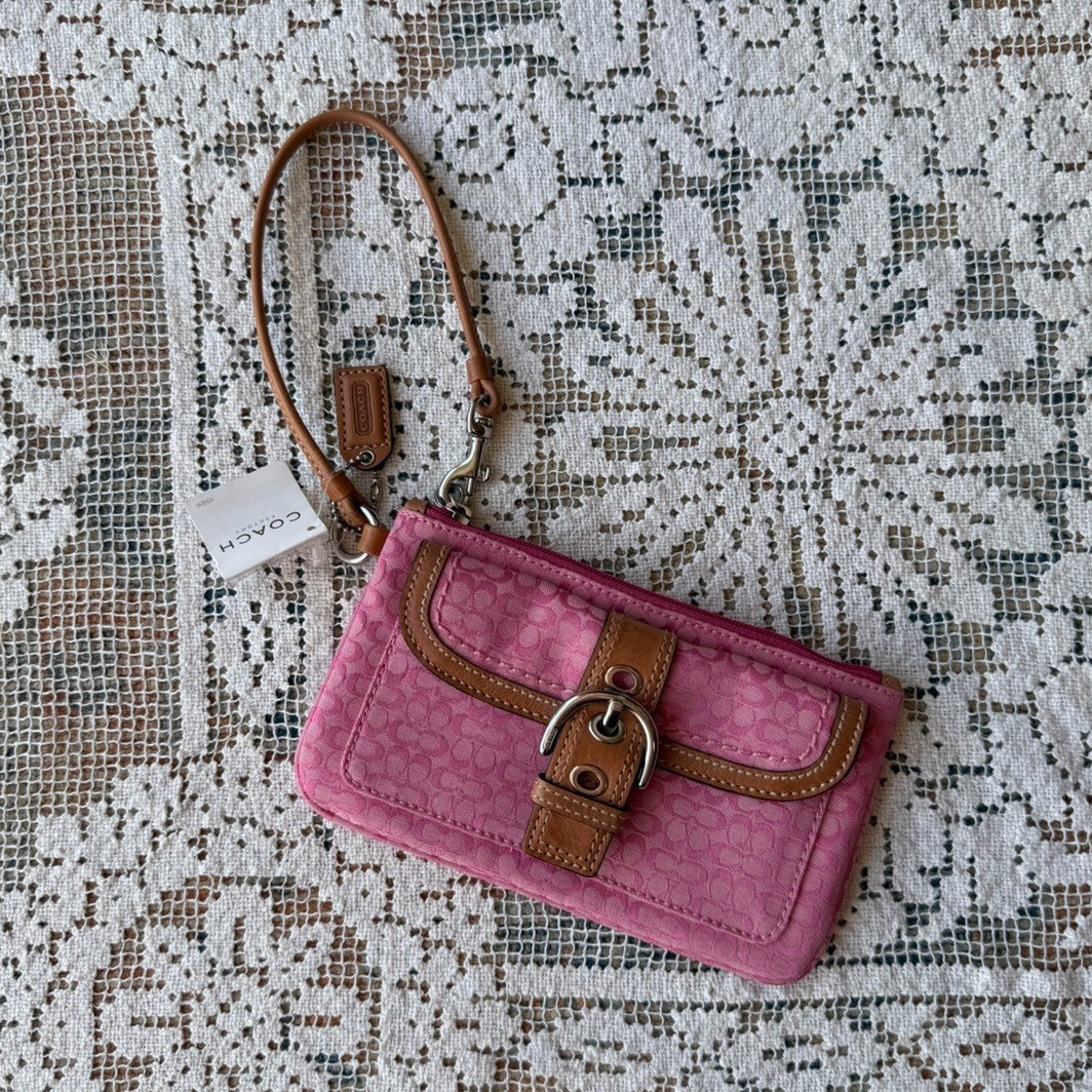 Coach Pink Soho Buckle Flap Wristlet In Signature Canvas With Brown Leather Trim
