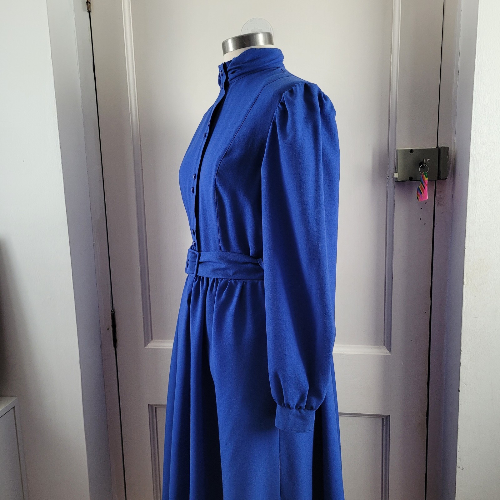 Marion Donaldson Vintage Deep Blue Wool Midi Dress Belted Pockets 10 12 Uk