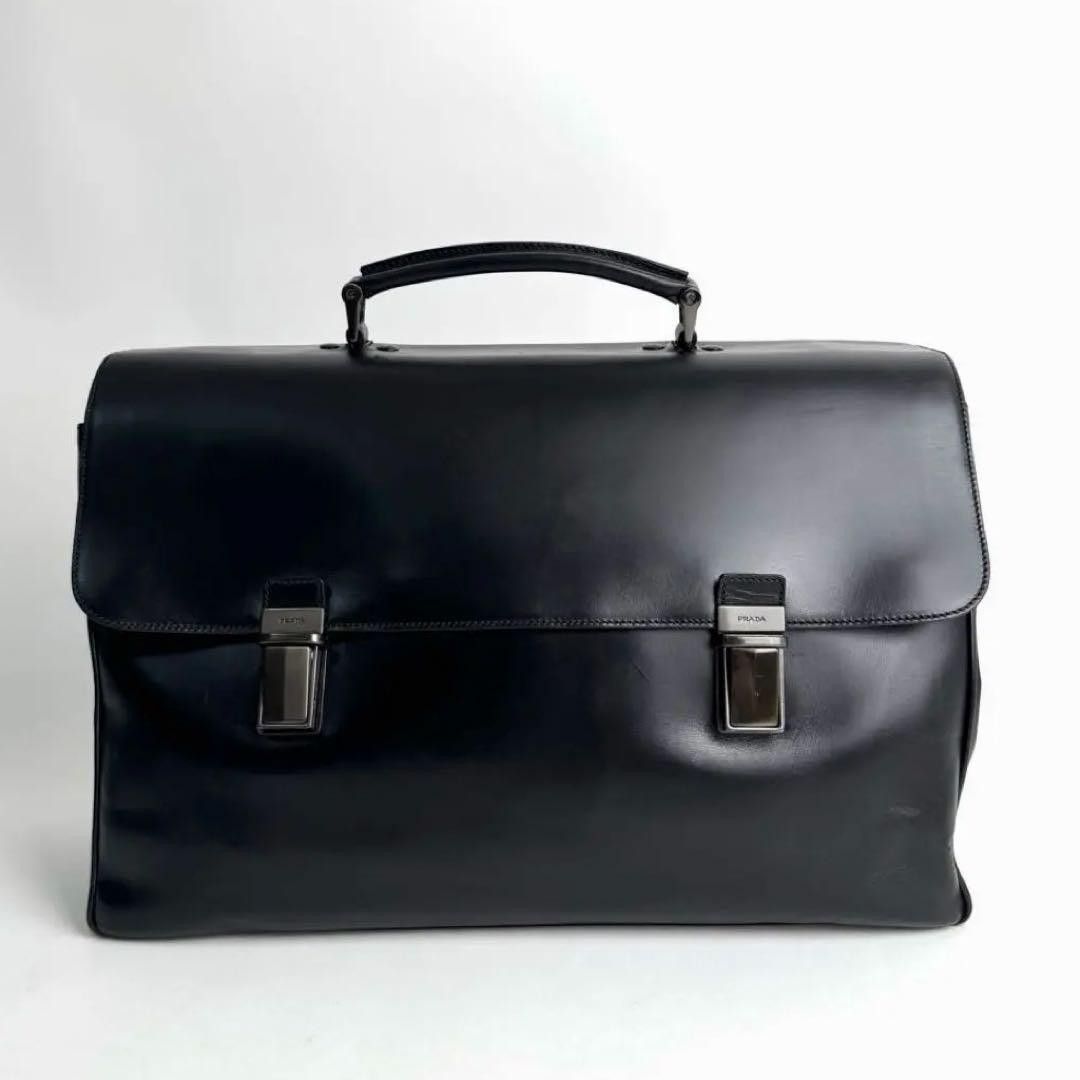 PRADA Black Leather Briefcase Business Bag Handbag Italy Office Laptop NERO