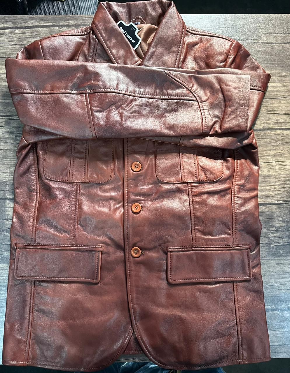 MENS REAL LEATHER BLAZER BROWN SOFT SHEEP CLASSIC SLIM FIT JACKET COAT