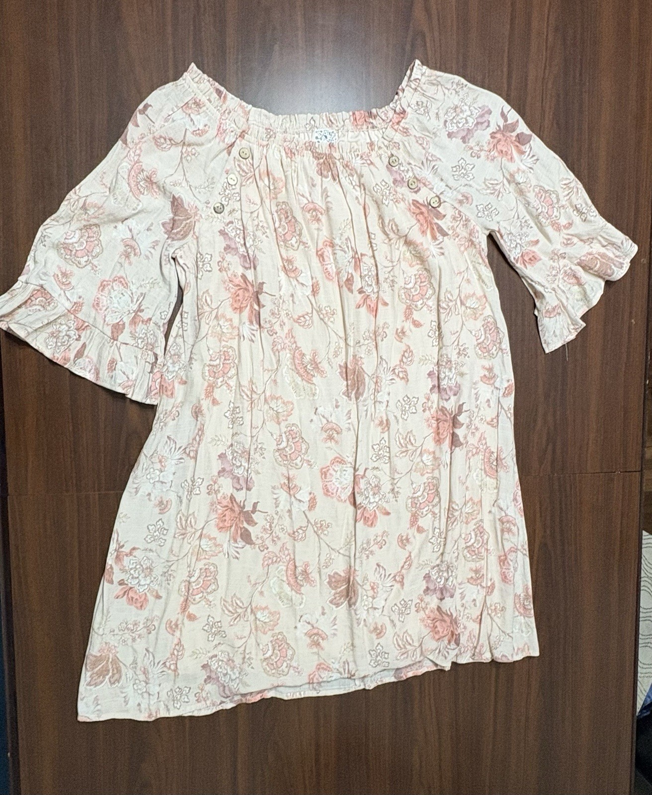Naif Beige Pink Floral Off-Shoulder 3/4 Bell Sleeve Ruffle Blouse Womens XL
